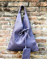 Slouch leather bag in PURPLE . Large shoulder leather bag. Origami boho bag. Large mauve GENUINE leather purse. Lavender purple shopper bag