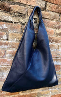 Slouch leather bag in NAVY blue . Large shoulder leather bag. Origami boho bag. Large dark blue GENUINE leather purse. Blue shopper bag