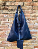 Slouch leather bag in NAVY blue . Large shoulder leather bag. Origami boho bag. Large dark blue GENUINE leather purse. Blue shopper bag