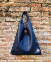 Slouch leather bag in NAVY blue . Large shoulder leather bag. Origami boho bag. Large dark blue GENUINE leather purse. Blue shopper bag