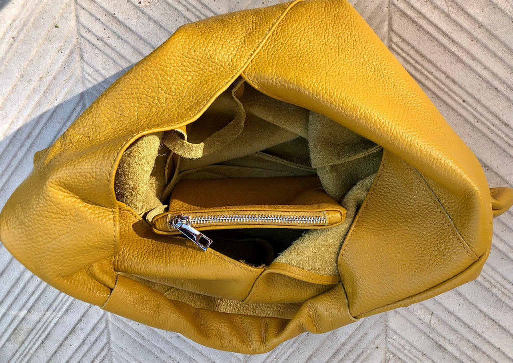 Slouch leather bag in mustard yellow . Large shoulder leather bag. Origami boho bag. Large yellow GENUINE leather purse. Yellow shopper bag