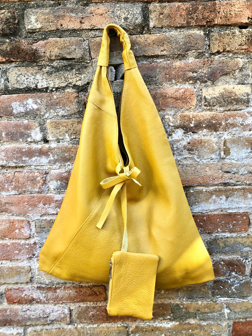 Slouch leather bag in mustard yellow . Large shoulder leather bag. Origami boho bag. Large yellow GENUINE leather purse. Yellow shopper bag