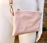 Small leather bag in light pink. Cross body, shoulder bag or wristlet in GENUINE leather. Pink purse with adjustable strap. Soft leather.