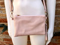 Small leather bag in light pink. Cross body, shoulder bag or wristlet in GENUINE leather. Pink purse with adjustable strap. Soft leather.