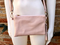 Small leather bag in light pink. Cross body, shoulder bag or wristlet in GENUINE leather. Pink purse with adjustable strap. Soft leather.