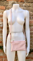 Small leather bag in light pink. Cross body, shoulder bag or wristlet in GENUINE leather. Pink purse with adjustable strap. Soft leather.