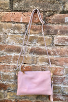 Small leather bag in light pink. Cross body, shoulder bag or wristlet in GENUINE leather. Pink purse with adjustable strap. Soft leather.