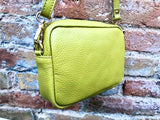 Small leather yellow bag. GENUINE leather shoulder or cross body bag. Lime yellow leather purse with tassels, adjustable strap and zipper