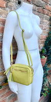 Small leather yellow bag. GENUINE leather shoulder or cross body bag. Lime yellow leather purse with tassels, adjustable strap and zipper