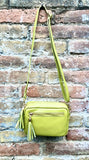 Small leather yellow bag. GENUINE leather shoulder or cross body bag. Lime yellow leather purse with tassels, adjustable strap and zipper