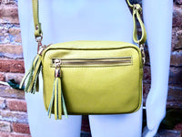 Small leather yellow bag. GENUINE leather shoulder or cross body bag. Lime yellow leather purse with tassels, adjustable strap and zipper