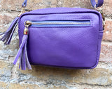 Small leather PURPLE bag. GENUINE leather shoulder or cross body bag. Mauve purple leather purse with tassels, adjustable strap and zipper