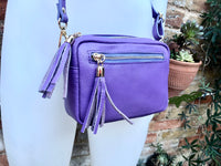 Small leather PURPLE bag. GENUINE leather shoulder or cross body bag. Mauve purple leather purse with tassels, adjustable strap and zipper