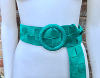 Turquoise GREEN waist belt with large round buckle. Boho soft suede wide belt in GREEN Genuine natural green suede leather. Green dress belt