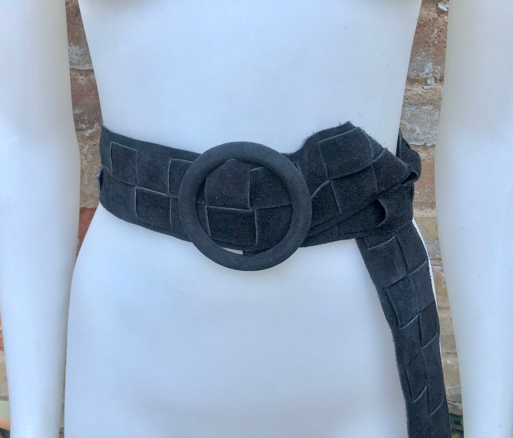 BLACK waist belt with large round buckle. Boho soft suede wide belt in BLACK Genuine natural BLACK suede leather. Black suede dress belt