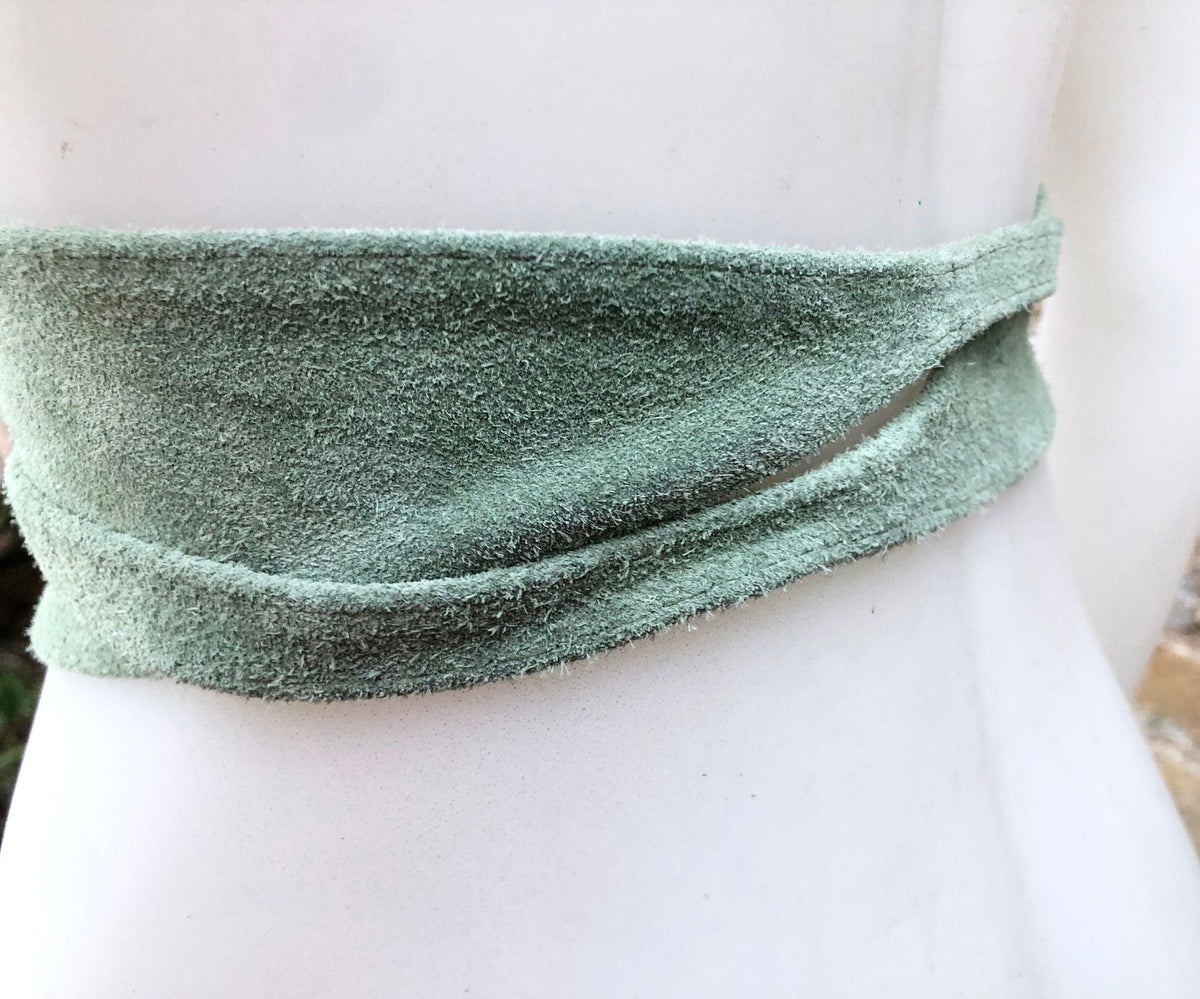 Sage green suede OBI belt. Light green natural soft suede waist belt. Light green suede boho belt, green wraparound genuine leather belt.
