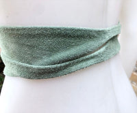 Sage green suede OBI belt. Light green natural soft suede waist belt. Light green suede boho belt, green wraparound genuine leather belt.