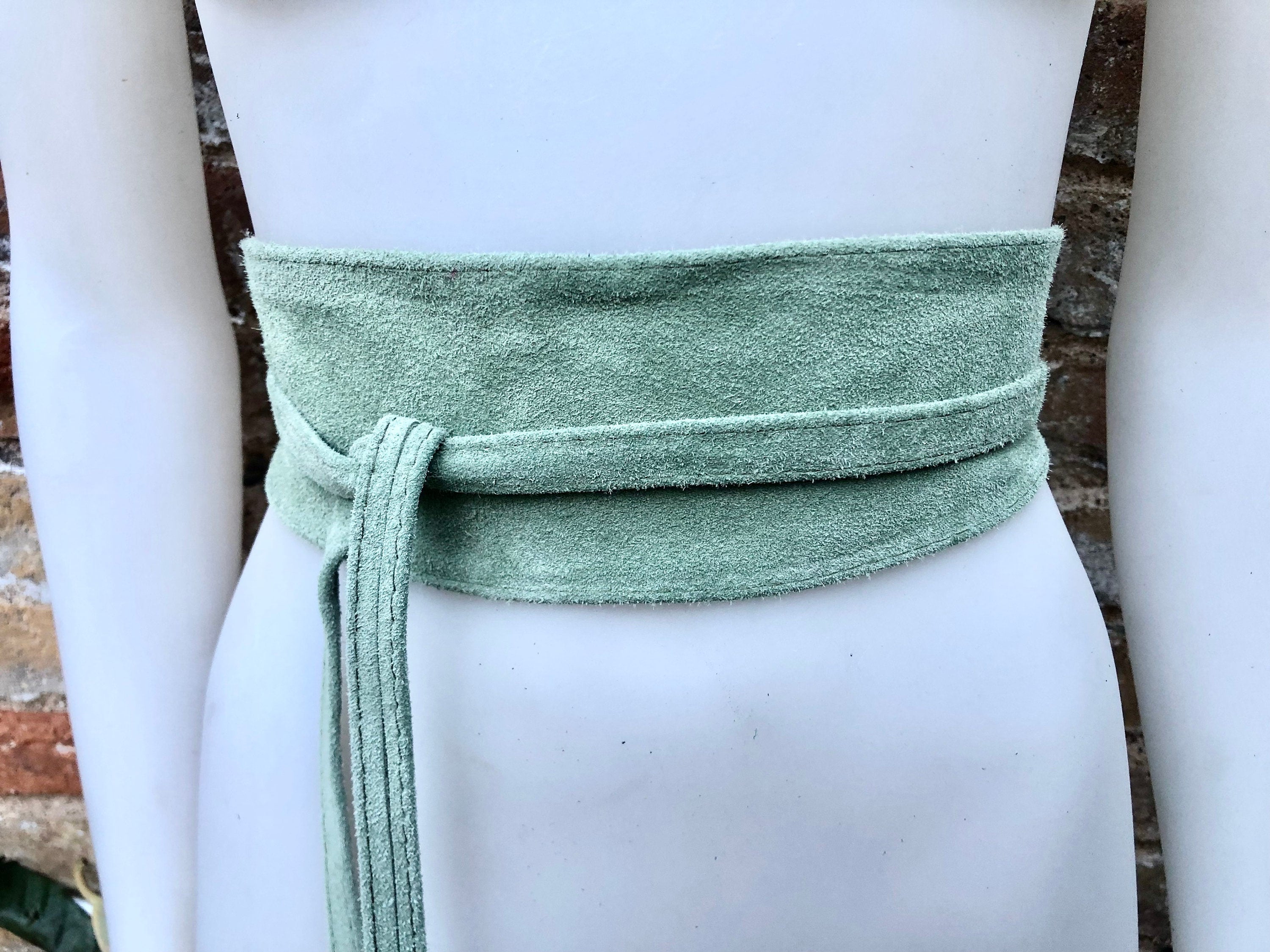Sage green suede OBI belt. Light green natural soft suede waist belt. Light green suede boho belt, green wraparound genuine leather belt.