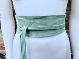 Sage green suede OBI belt. Light green natural soft suede waist belt. Light green suede boho belt, green wraparound genuine leather belt.