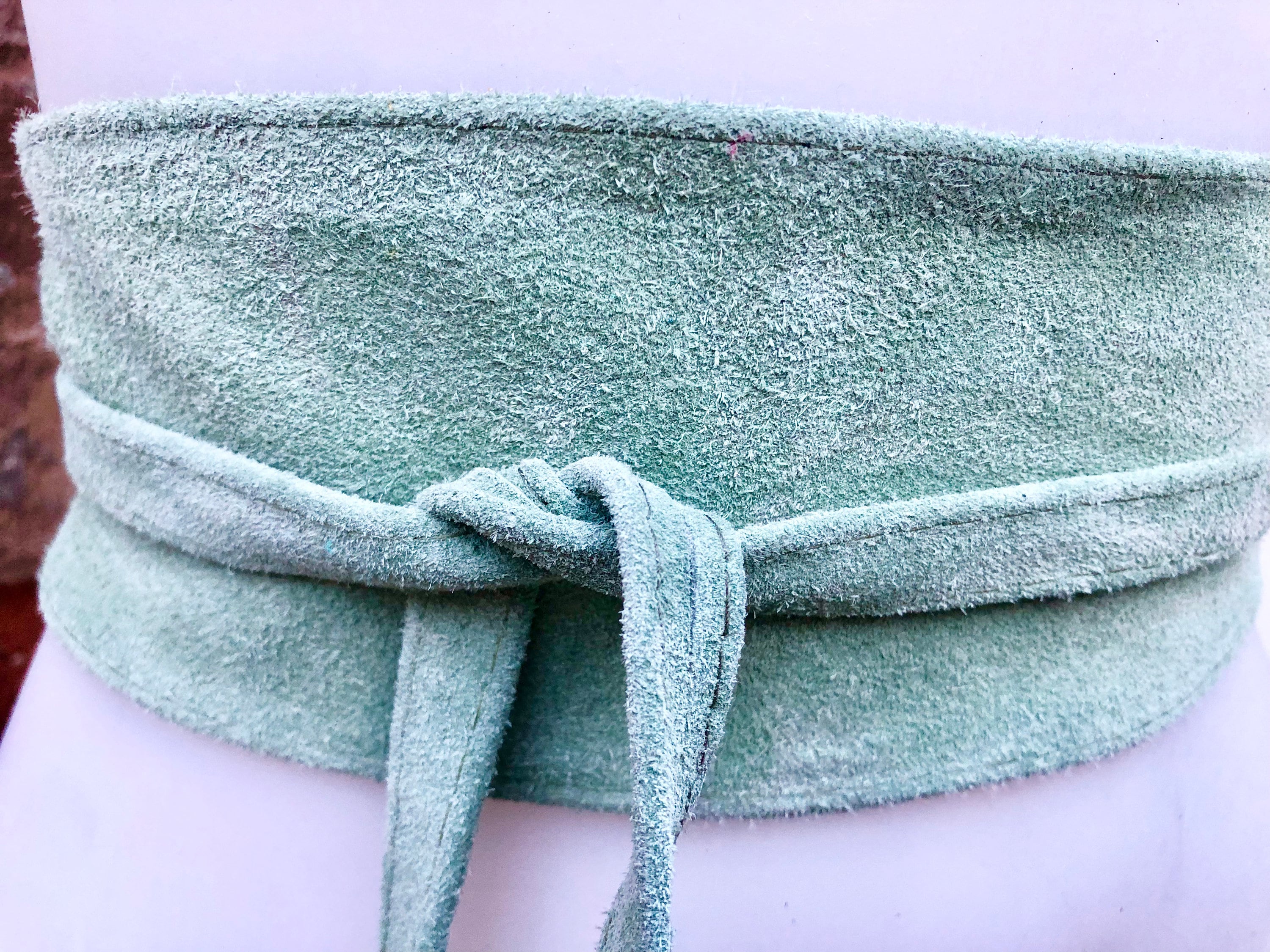 Sage green suede OBI belt. Light green natural soft suede waist belt. Light green suede boho belt, green wraparound genuine leather belt.
