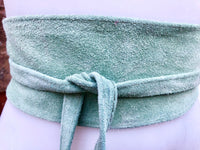Sage green suede OBI belt. Light green natural soft suede waist belt. Light green suede boho belt, green wraparound genuine leather belt.