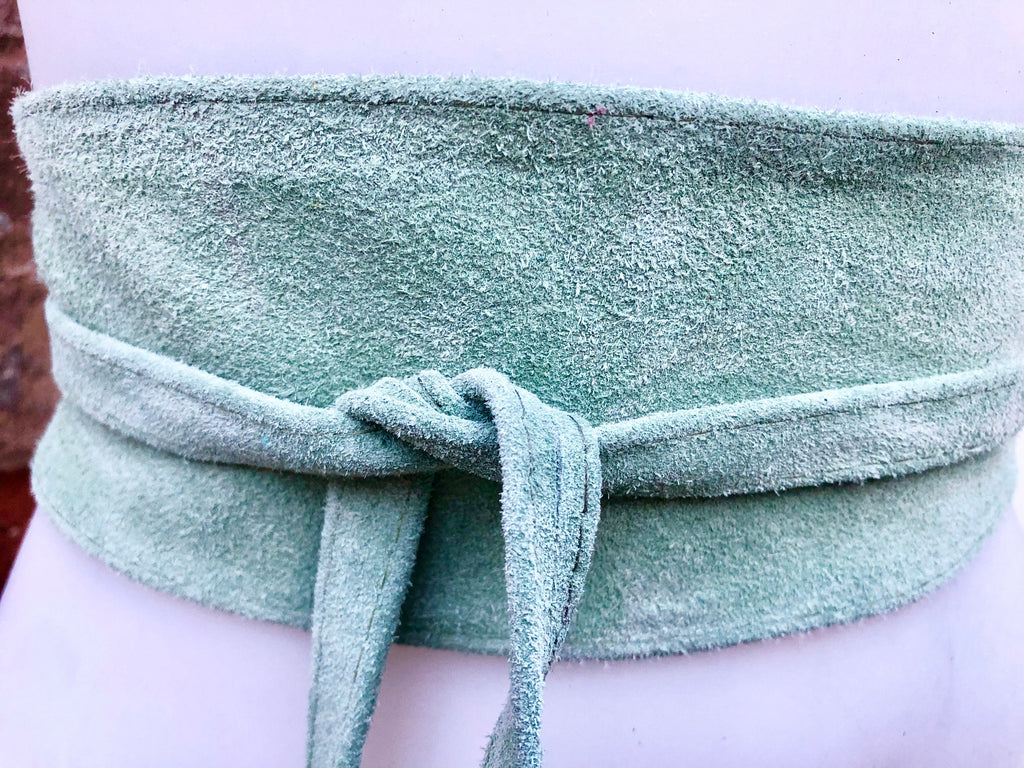 Sage green suede OBI belt. Light green natural soft suede waist belt. Light green suede boho belt, green wraparound genuine leather belt.