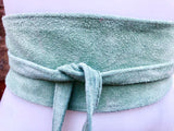 Mint green suede OBI belt. Light green natural soft suede waist belt. Light mint green boho belt, green wraparound genuine leather belt.