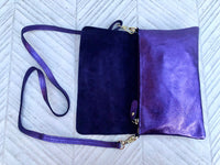 Metallic purple small leather bag. GENUINE leather crossbody / shoulder bag. Purple purse with adjustable strap + zipper underneath the flap