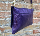 Metallic purple small leather bag. GENUINE leather crossbody / shoulder bag. Purple purse with adjustable strap + zipper underneath the flap