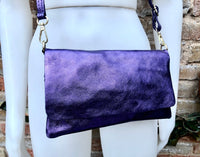 Metallic purple small leather bag. GENUINE leather crossbody / shoulder bag. Purple purse with adjustable strap + zipper underneath the flap