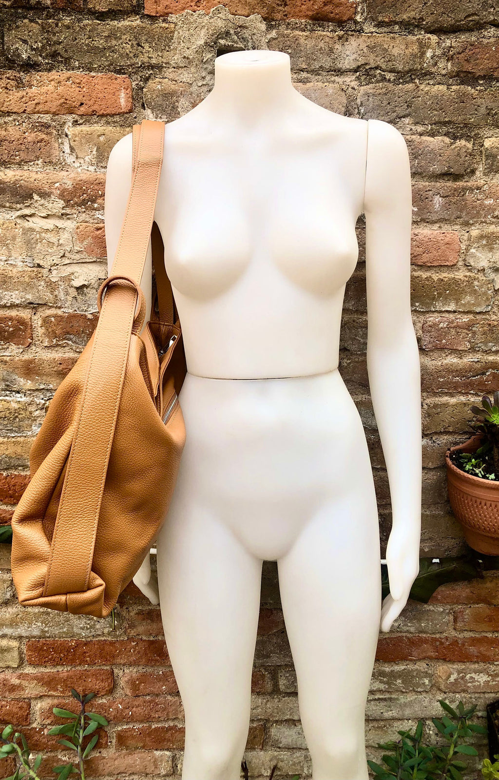 Genuine leather rucksack/ shoulder bag / crossbody in CAMEL BROWN. Soft genuine leather shopper. Carry all bag for laptops, tablets, books..