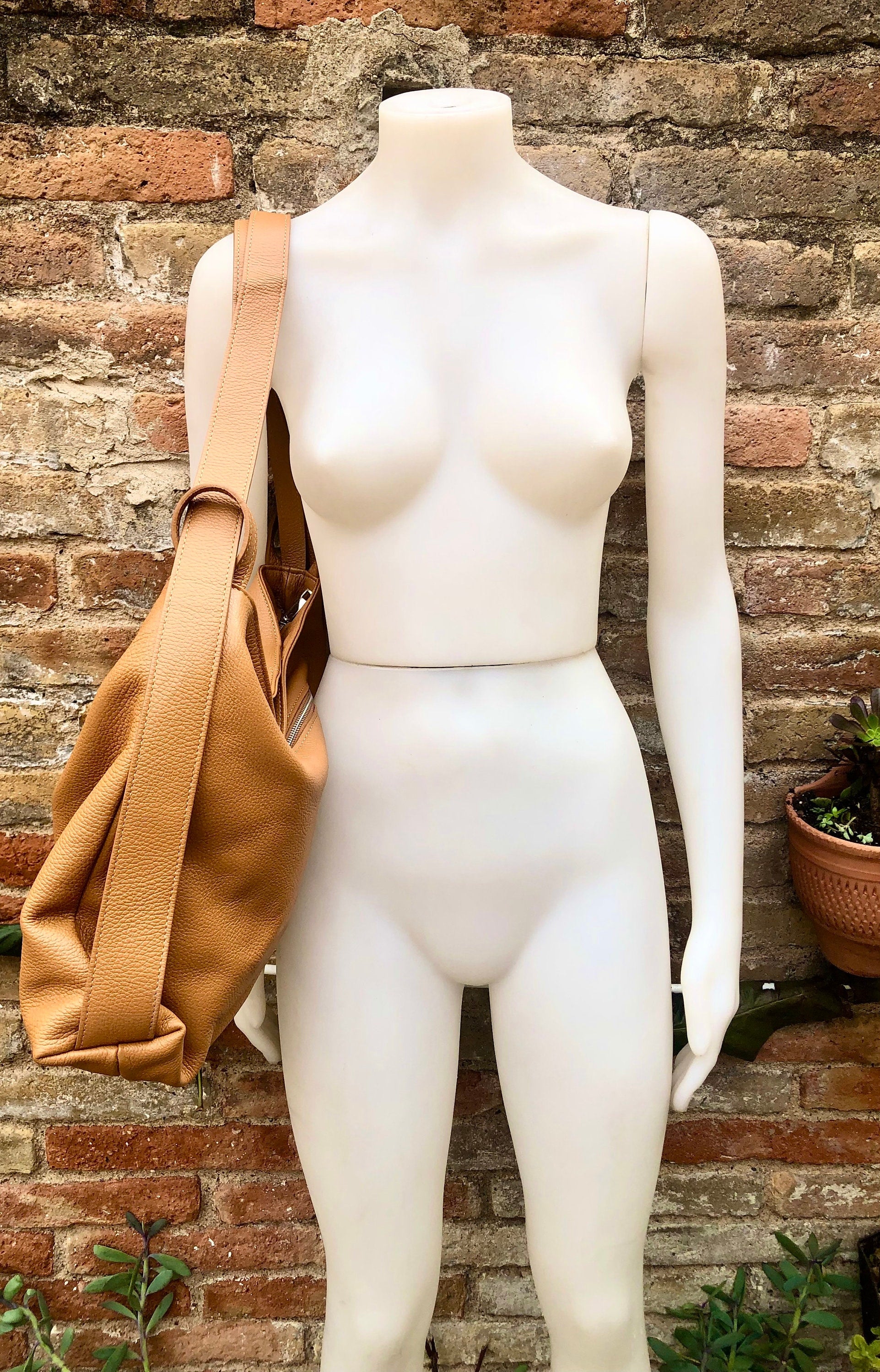 Genuine leather rucksack/ shoulder bag / crossbody in CAMEL BROWN. Soft genuine leather shopper. Carry all bag for laptops, tablets, books..