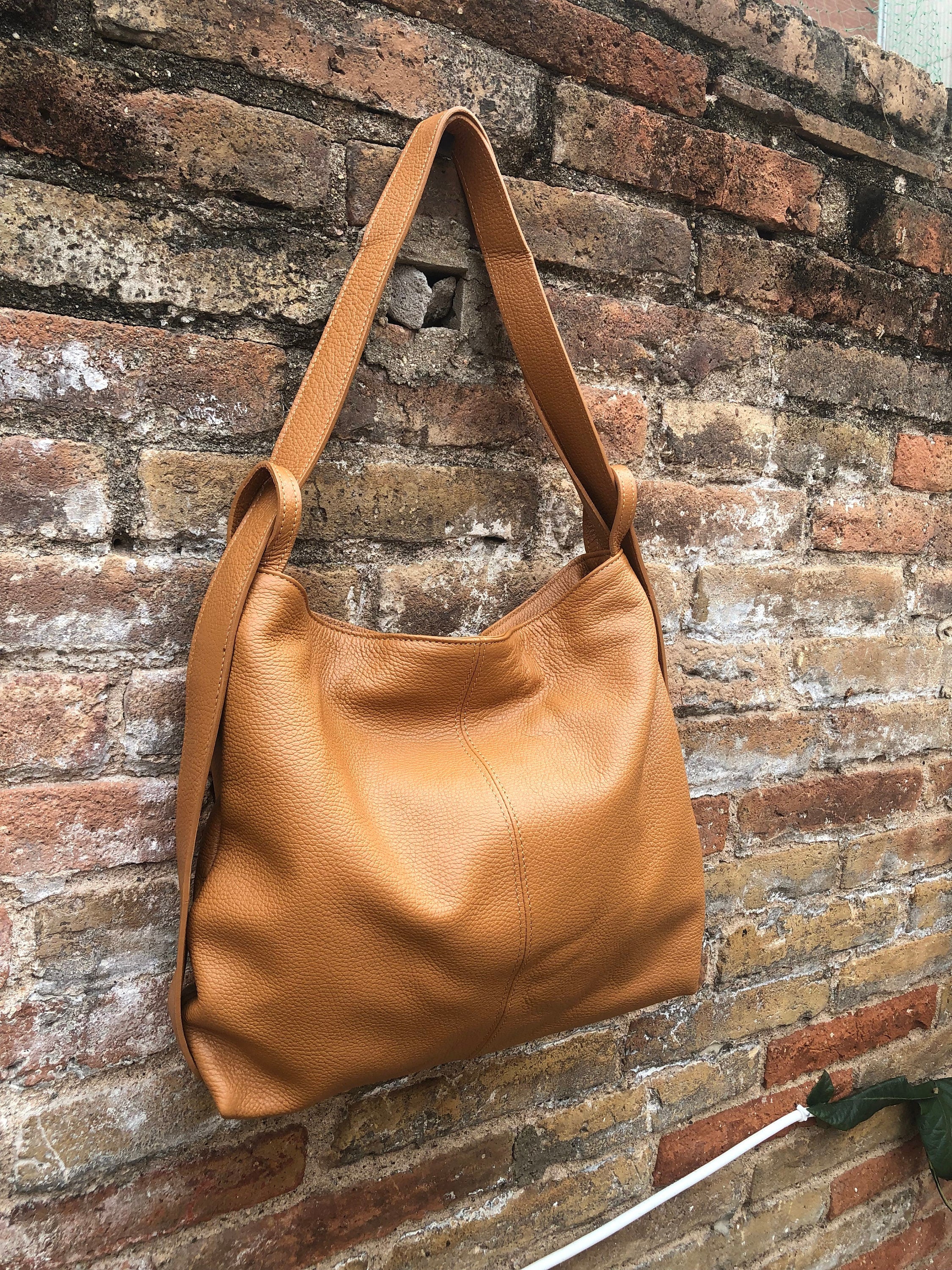 Genuine leather rucksack/ shoulder bag / crossbody in CAMEL BROWN. Soft genuine leather shopper. Carry all bag for laptops, tablets, books..