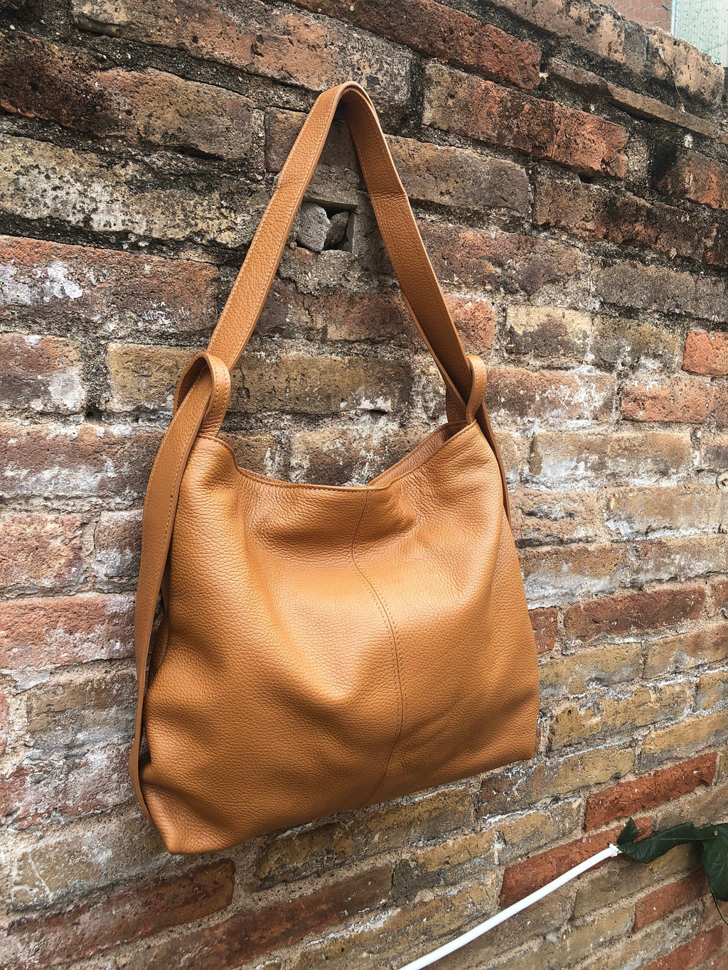 Genuine leather rucksack/ shoulder bag / crossbody in CAMEL BROWN. Soft genuine leather shopper. Carry all bag for laptops, tablets, books..
