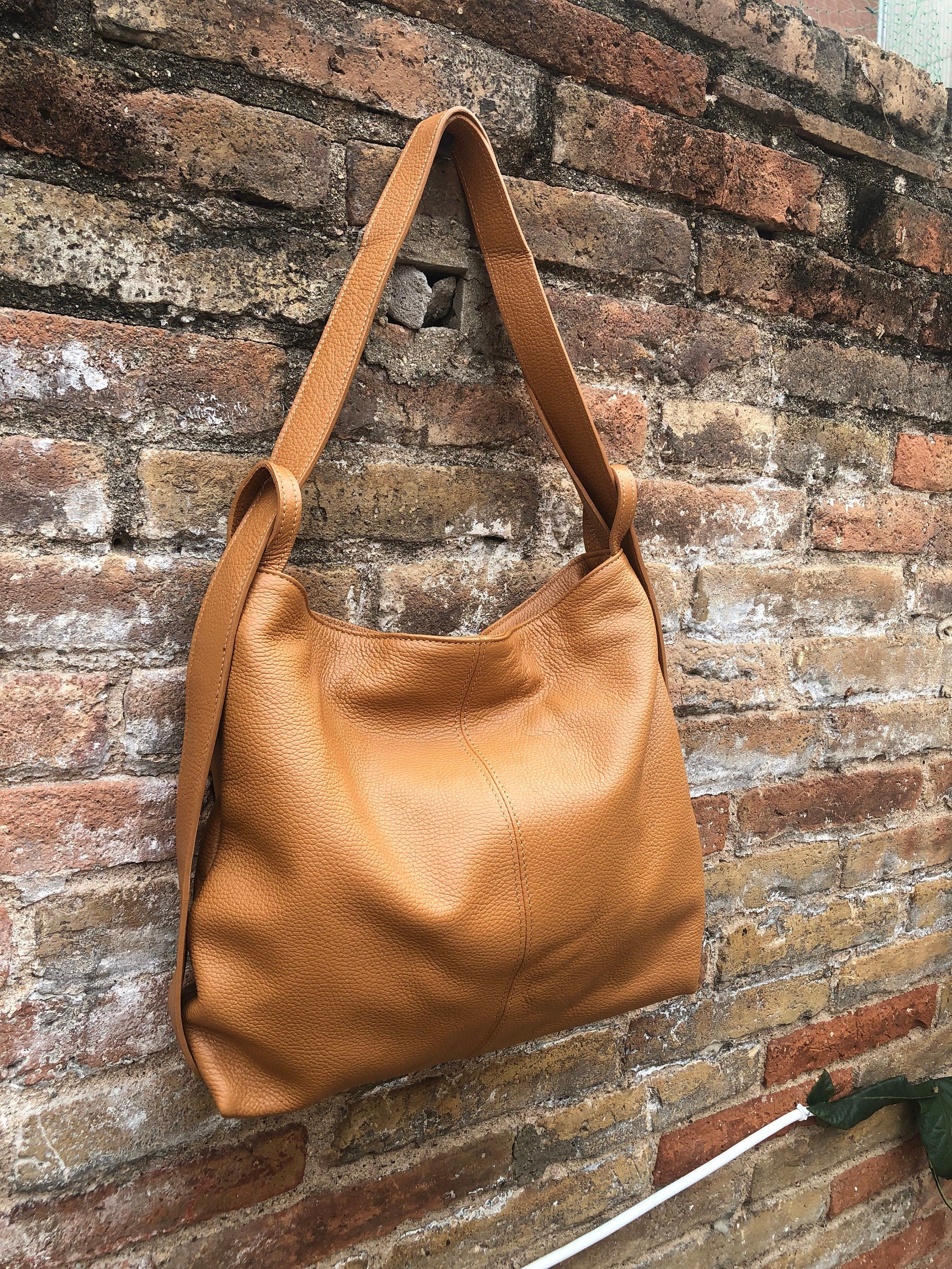 Genuine leather rucksack/ shoulder bag / crossbody in CAMEL BROWN. Soft genuine leather shopper. Carry all bag for laptops, tablets, books..