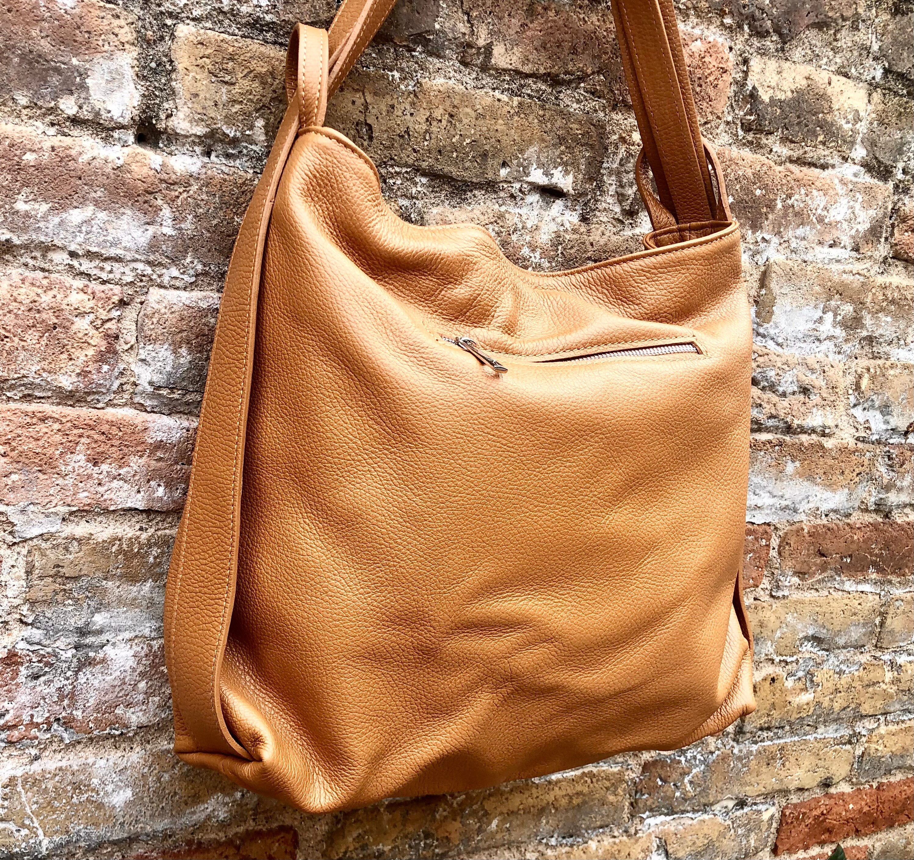 Genuine leather rucksack/ shoulder bag / crossbody in CAMEL BROWN. Soft genuine leather shopper. Carry all bag for laptops, tablets, books..