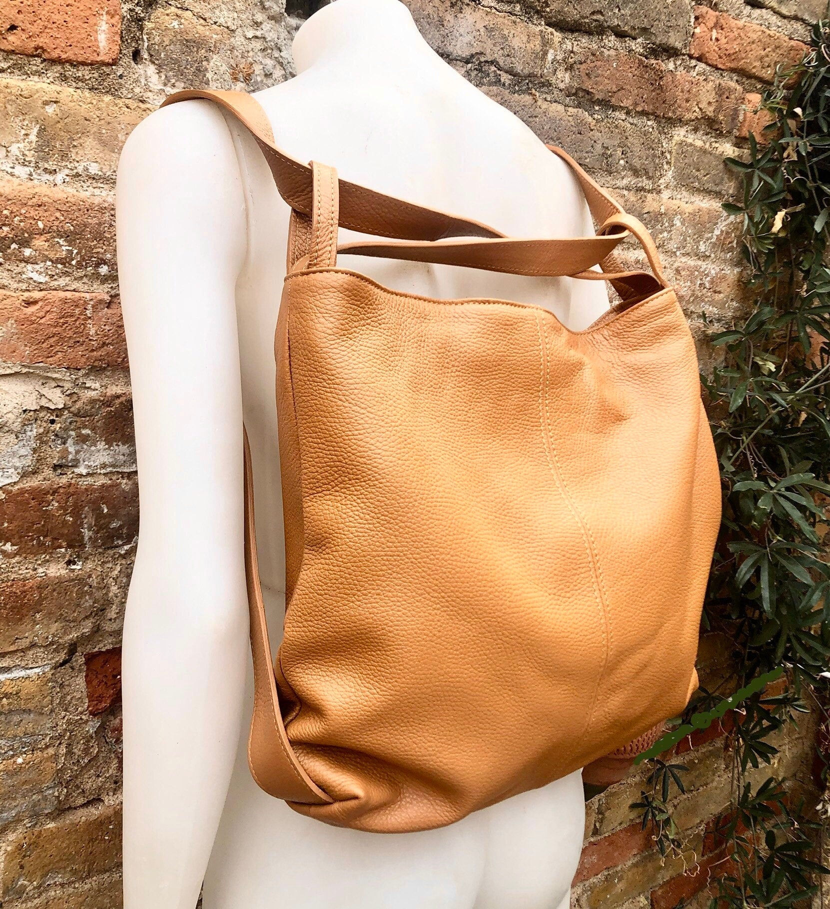 Genuine leather rucksack/ shoulder bag / crossbody in CAMEL BROWN. Soft genuine leather shopper. Carry all bag for laptops, tablets, books..