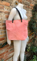 PINK Large TOTE leather bag. Soft suede, genuine leather bag. Pink suede bag. Laptop bag in suede. Large cross body bag. PINK suede purse