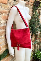 Cross body suede bag. GENUINE leather bag in RED. BOHO suede bag . Natural leather bag. Messenger bag in suede for books, tablets...