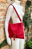 Cross body suede bag. GENUINE leather bag in RED. BOHO suede bag . Natural leather bag. Messenger bag in suede for books, tablets...