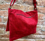 Cross body suede bag. GENUINE leather bag in RED. BOHO suede bag . Natural leather bag. Messenger bag in suede for books, tablets...