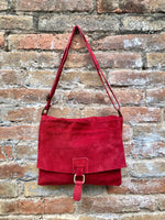 Cross body suede bag. GENUINE leather bag in RED. BOHO suede bag . Natural leather bag. Messenger bag in suede for books, tablets...