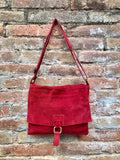 Cross body suede bag. GENUINE leather bag in RED. BOHO suede bag . Natural leather bag. Messenger bag in suede for books, tablets...