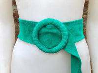 Turquoise green suede waist belt with large round buckle.Boho soft suede belt in light emerald green. Genuine naturalgreen suede leather