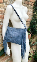 Cross body / shoulder blue fringe bag. BOHO suede leather bag with FRINGES. Genuine suede crossbody hippy bag. Blue fringed purse. 2 straps