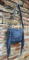 Cross body / shoulder blue fringe bag. BOHO suede leather bag with FRINGES. Genuine suede crossbody hippy bag. Blue fringed purse. 2 straps