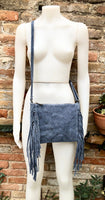 Cross body / shoulder blue fringe bag. BOHO suede leather bag with FRINGES. Genuine suede crossbody hippy bag. Blue fringed purse. 2 straps