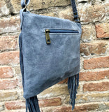 Cross body / shoulder blue fringe bag. BOHO suede leather bag with FRINGES. Genuine suede crossbody hippy bag. Blue fringed purse. 2 straps