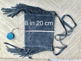 Cross body / shoulder blue fringe bag. BOHO suede leather bag with FRINGES. Genuine suede crossbody hippy bag. Blue fringed purse. 2 straps