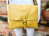 Yellow crossbody leather bag. Soft genuine leather bag. Mustard yellow messenger. Yellow purse with zipper, flap and adjustable strap.